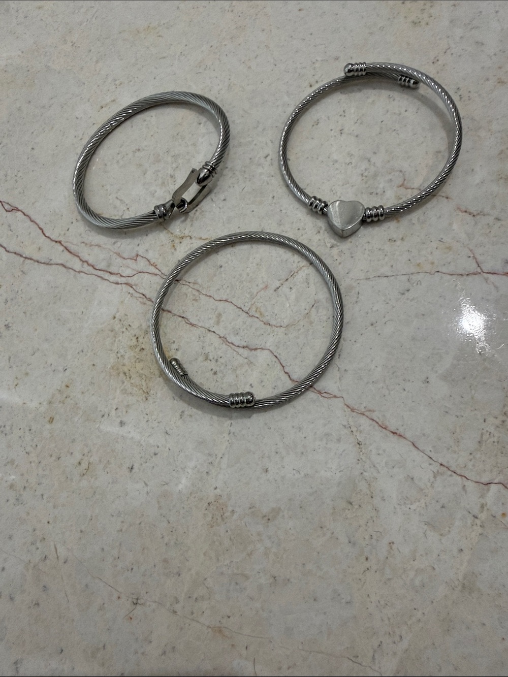 Silver-Tone Women's Cable Wire Bracelets with Heart Accent- Stainless Steel